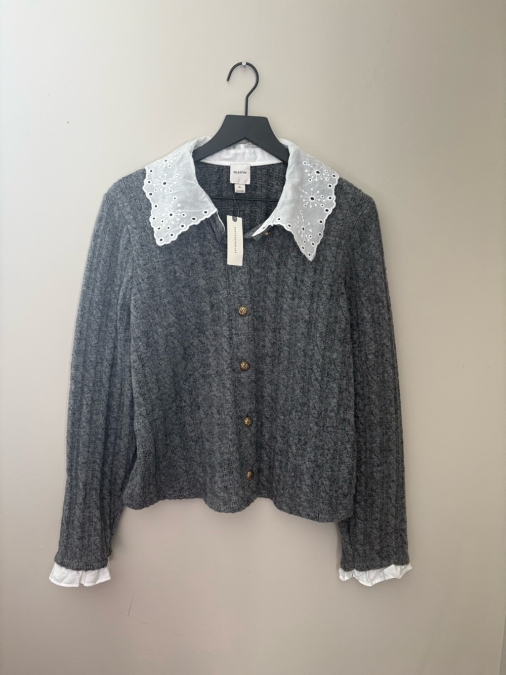 Anthropologie Maeve Gray Button Up Sweater Eyelet Collar Elegant Chic Women’s XL